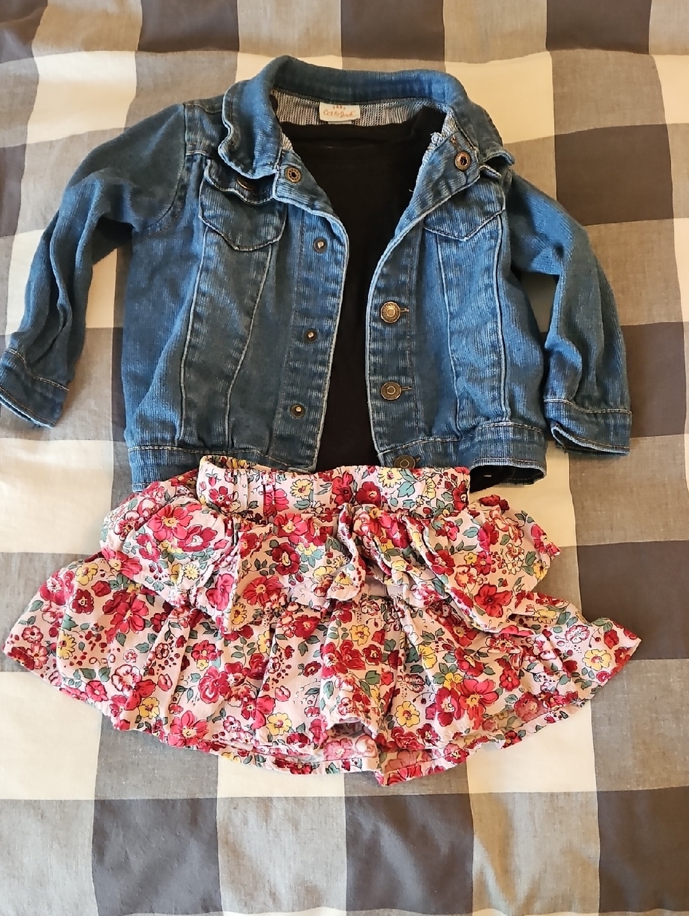 Cat & Jack Denim Jacket, Old Navy T-shirt, Garanimals Pink Flower Skirt 18 Month